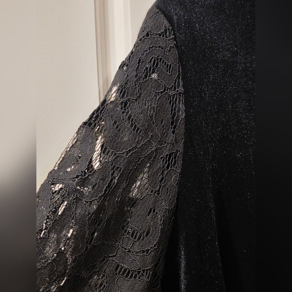 Kasper Plus Split Vneck Velvet Lace Longsleeve Top - Picture 6 of 10